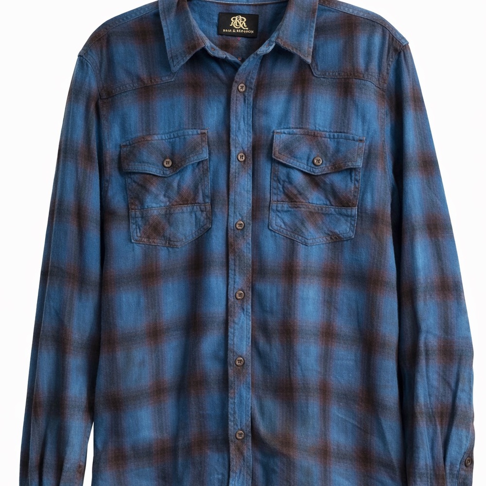 Blue and Brown Plaid Button-Up Shirt